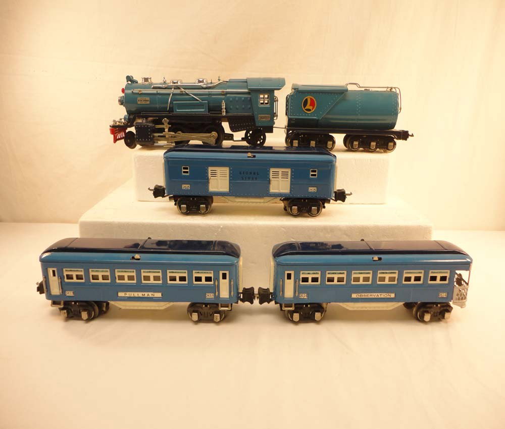 ABT: Lionel Blue Comet #263E/T & #2613/14/15 Passe: Paul V. Ambrose and Drew J. Bauer present: These are the 'Blue Comet' #263E Steam Engine and Tender, #2615 Mail Car, #2613 Pullman, and #2614 Observation Car that Lionel made in O gauge in the 1930s. 