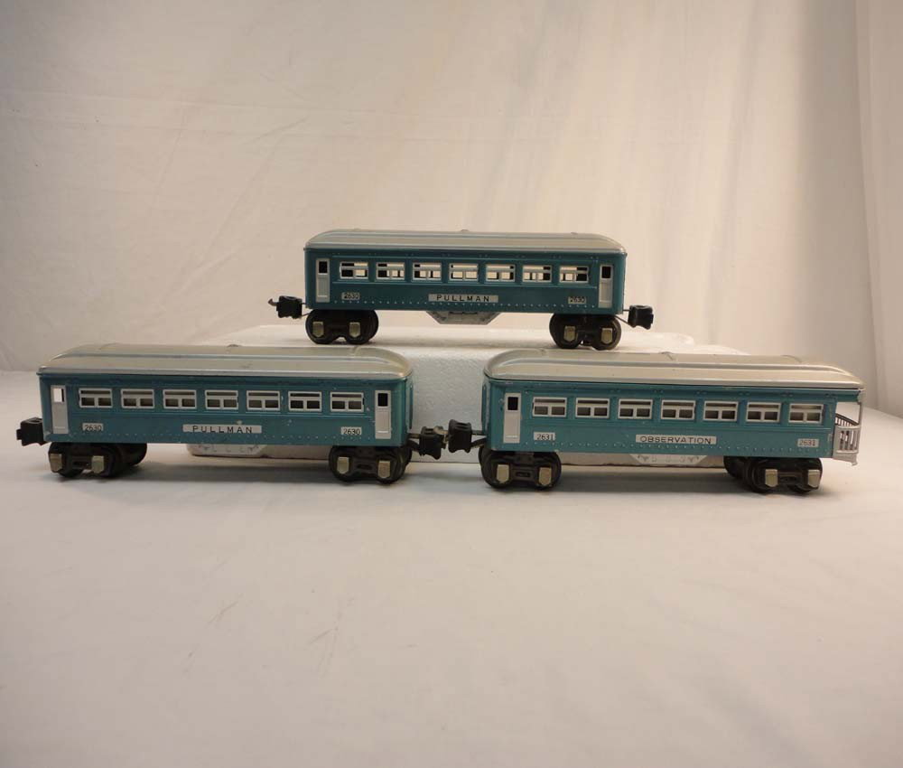 ABT: Lionel #2630/2630/2631 Blue/Silver Passenger : Paul V. Ambrose and Drew J. Bauer present: These are the #2630/2630/2631 Blue/Silver Passenger Cars that Lionel made in O gauge circa the 1930s. No Boxes. Please add $16.00 for US-48 Shipping and Insu