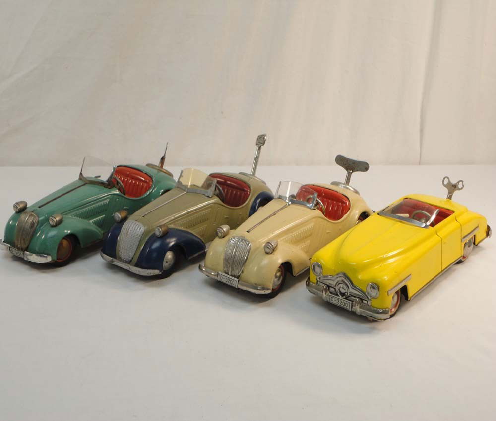 ABT: 4 Nice Wind-up Sports Cars: Paul V. Ambrose and Drew J. Bauer present: These are four great wind-up Sports Cars with Keys by an unknown Maker from some time in the past. Each measures approx. 10 inches in length and 3 inches in
