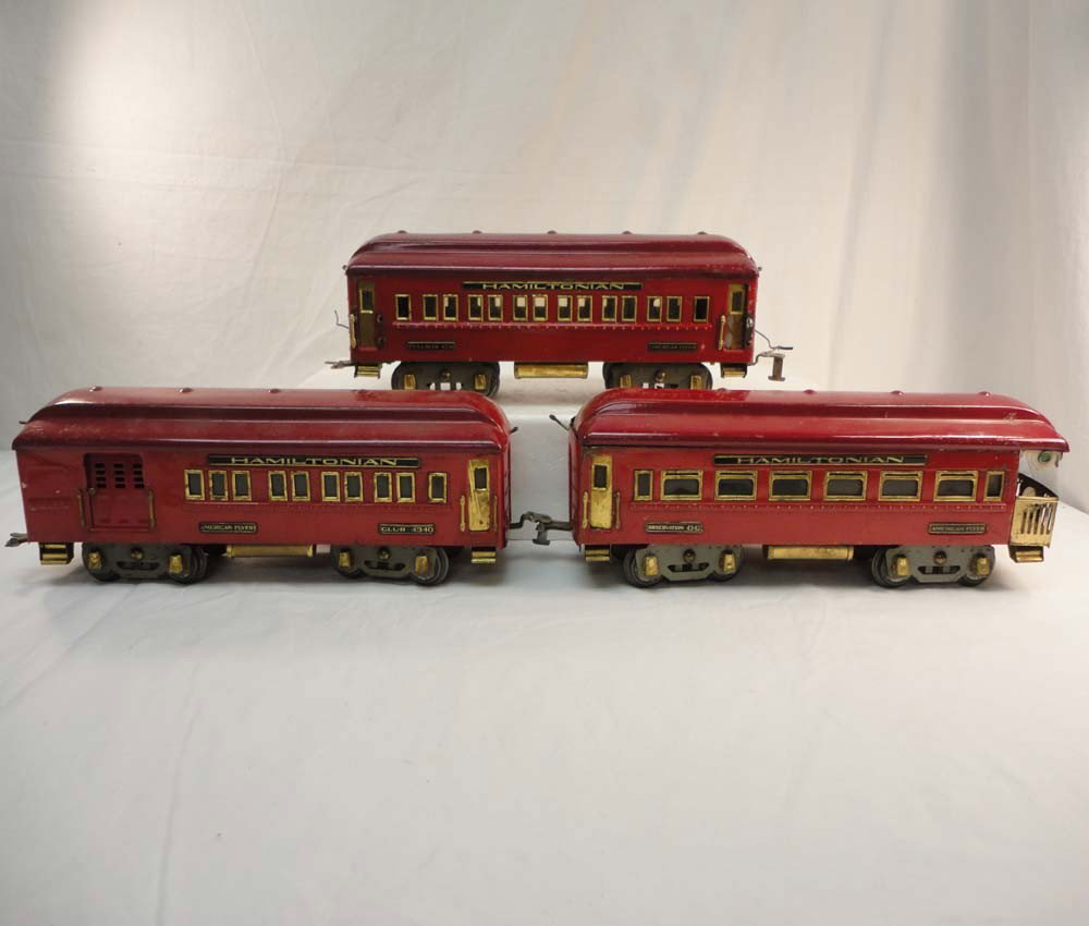 ABT: AF Wide Gauge 'Hamilton' #4340/4341/4342 Pass: Paul V. Ambrose and Drew J. Bauer present: These are the Red 'Hamilton' #4340 Combo Car, #4341 Pullman, and #4342 Observation Car that American Flyer made in Wide Gauge circa 1930. No Boxes. Please ad