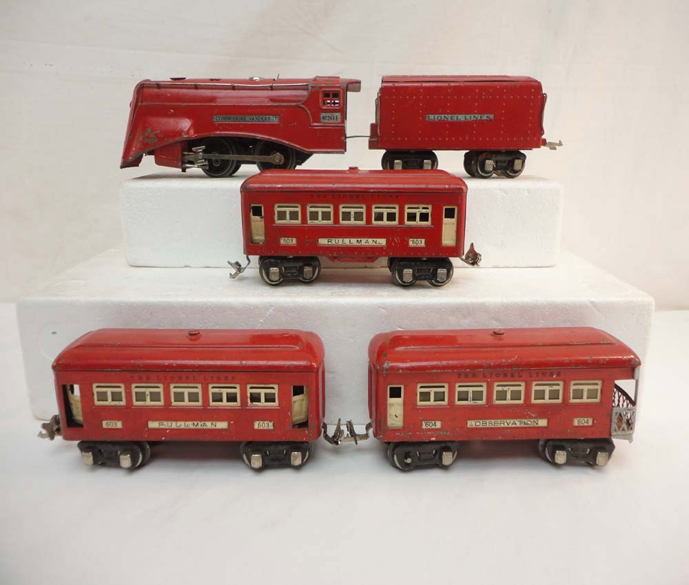 Lionel #264E/265W Red Comet Passenger Set: These are the #264E Red Comet Commodore Vanderbilt Steam Engine and #265W Tender plus two #603 Pullmans and #604 Observation Car that Lionel made in O gauge in the middle 1930s. No Boxes. Please add $