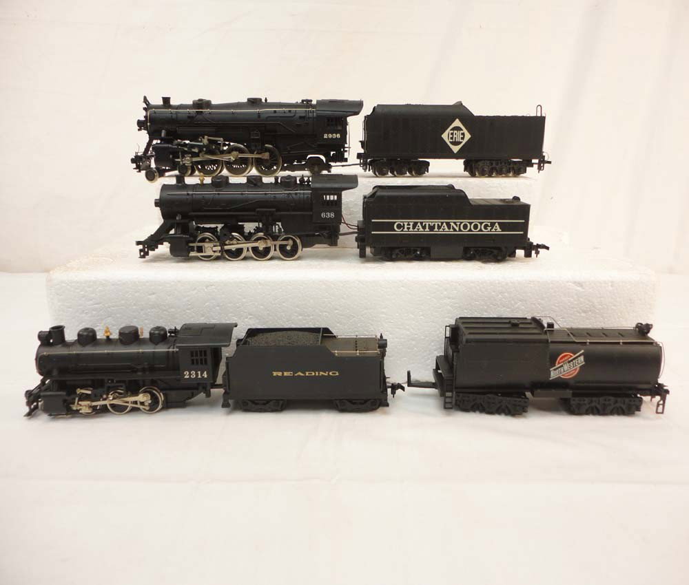 ABT: Rivarossi/Tyco/Bachmann HO Scale: #2936/638/2: Paul V. Ambrose and Drew J. Bauer present: These are the #2936 Erie Steam Engine and Tender, the #638 Chattanooga Steam Engine and Tender, the #2314 Reading Steam Engine and Tender, and an unmarked Ch