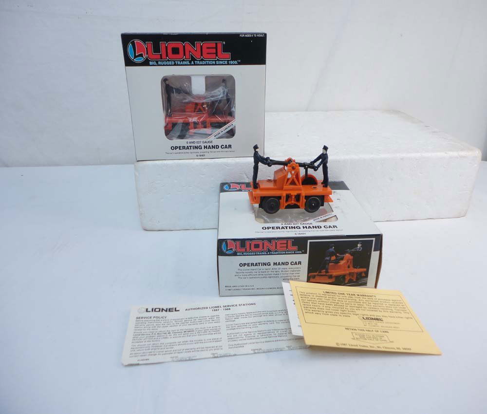 ABT: 2 Mint Lionel #18401 Operating Handcar/OBs: Paul V. Ambrose and Drew J. Bauer present: These are two #18401 Operating Handcar that Lionel made in the 1990s. Our Opinion is that they are generally in Mint Condition. Nice Boxes. All Original in o