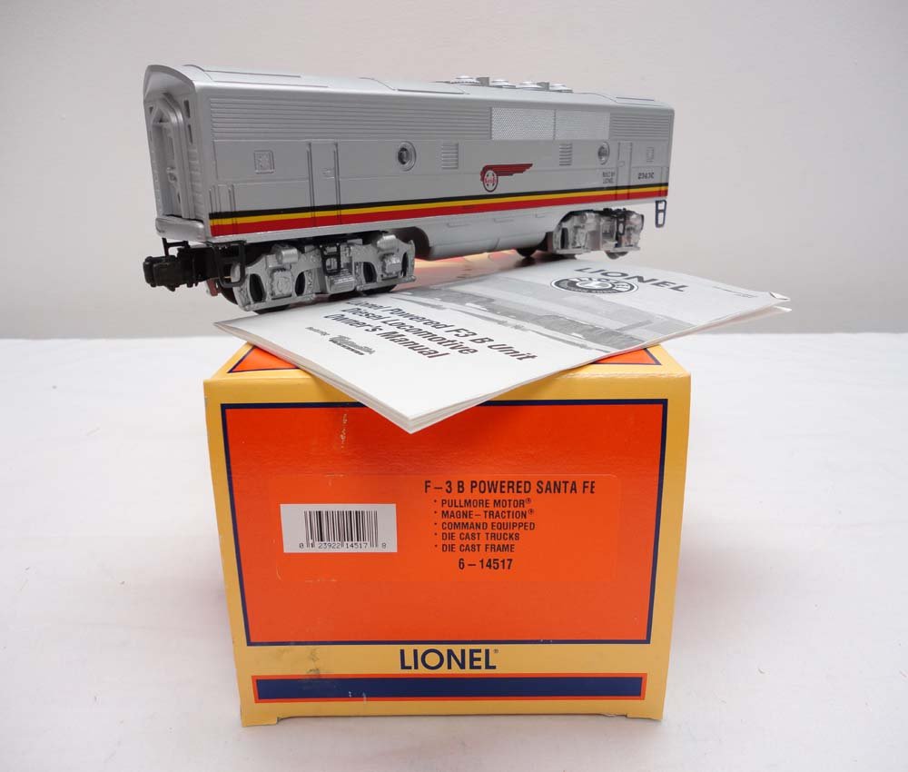 ABT: Mint Lionel #14517 Santa Fe F-3 B Unit Comman: Paul V. Ambrose and Drew J. Bauer present: This is the #14517 Santa Fe F-3 B Unit Powered that Lionel made a few years ago. Features Command Control and Magnetraction. Our Opinion is that it is genera