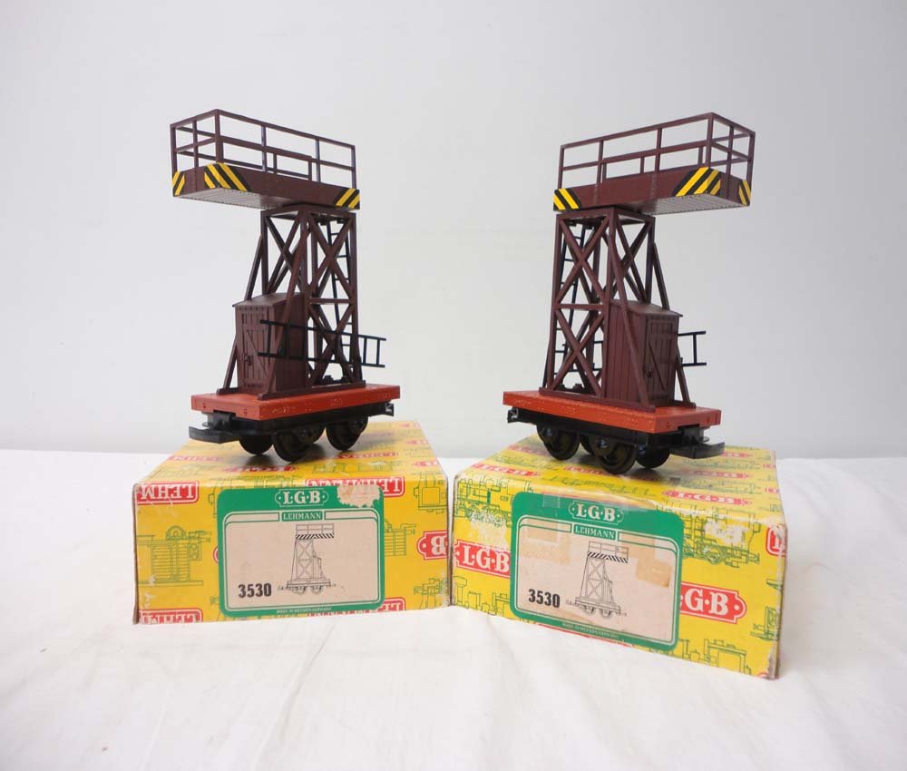 ABT: LGB G Scale: 2 #3530 Small Flat Cars w/Gantrie: Paul V. Ambrose and Drew J. Bauer present: These are two #3530 Small Flat Cars that LGB made for G Scale a few years ago. Our Opinion is that they are generally in Like New Condition. Original Boxes. 