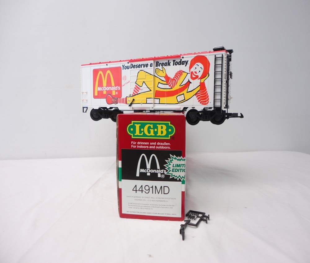 ABT: LGB G Scale: #4491MD McDonalds Box Car 1993/OB: Paul V. Ambrose and Drew J. Bauer present: This is the #4491MD McDonalds Box Car 1993 that LGB made for G Scale a few years ago. Our Opinion is that it is generally in Like New Condition. Original Box