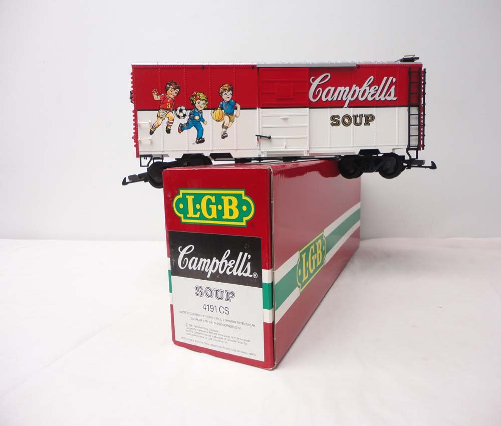 ABT: LGB G Scale: #4191 CS Campbell's Soup Box Car: Paul V. Ambrose and Drew J. Bauer present: This is the #4191CS Campbell's Soup Box Car 1992 that LGB made for G Scale a few years ago. Our Opinion is that it is generally in Like New Condition. Origin