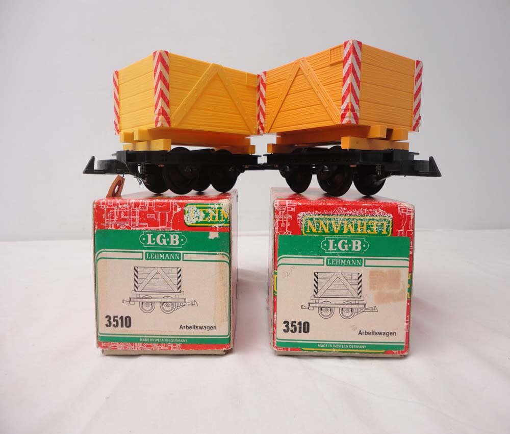 ABT: LGB G Scale: 2 #3510 Work Gondolas/OBs: Paul V. Ambrose and Drew J. Bauer present: These are two #3510 Work Gondolas that LGB made for G Scale a few years ago. Our Opinion is that they are generally in Like New Condition. Original Boxes. Al