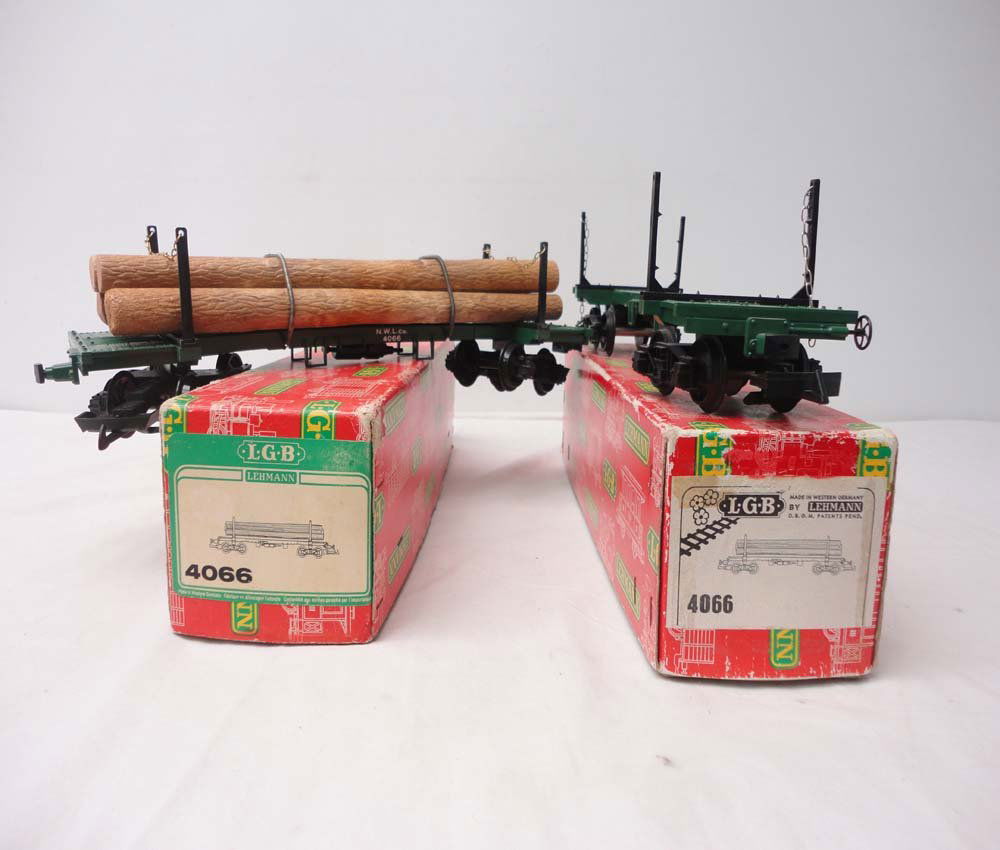 ABT: LGB G Scale: 2 #4066 Log Cars/OBs: Paul V. Ambrose and Drew J. Bauer present: These are two #4066 Long Cars (one car missing logs) that LGB made for G Scale a few years ago. Our Opinion is that they are generally in Like New Condition.