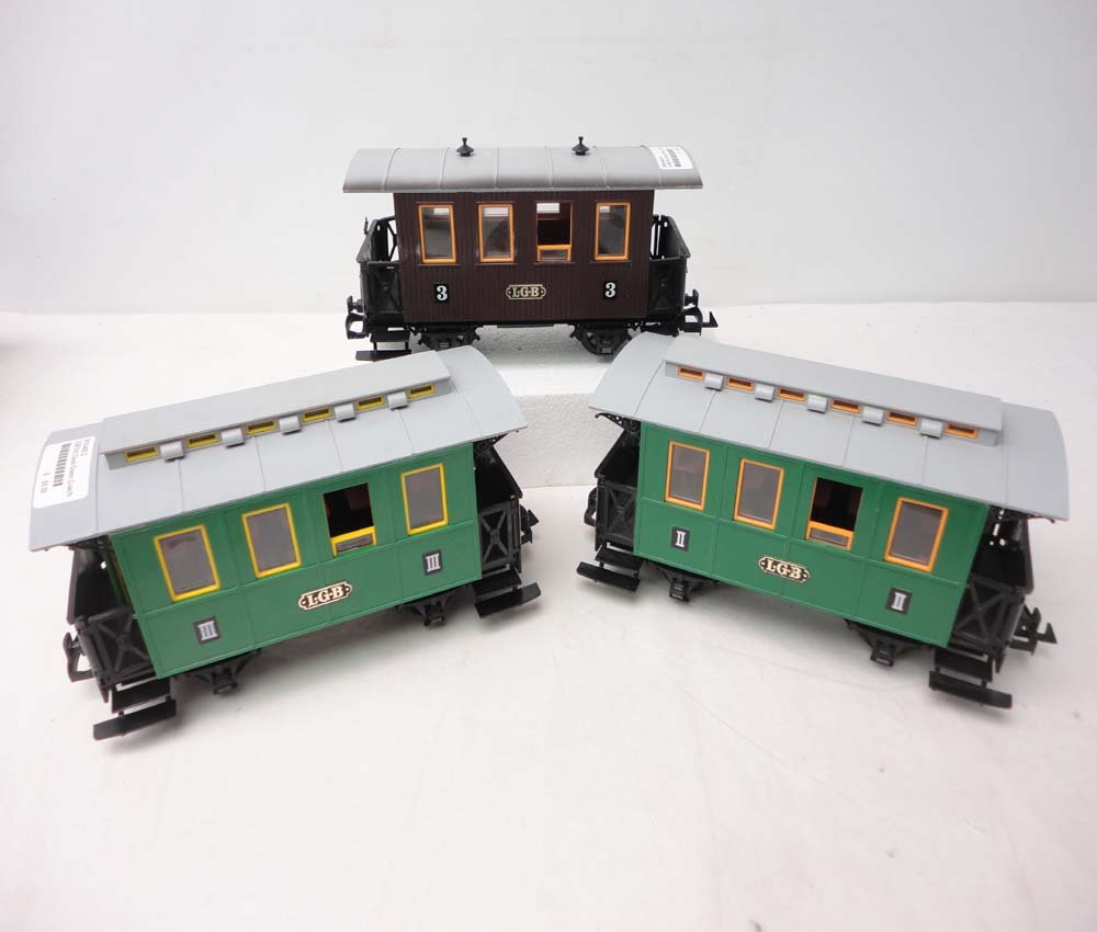 ABT: 3 LGB G Scale: #3010-400/3000 Passenger Cars: Paul V. Ambrose and Drew J. Bauer present: These are two #3010-400 Passenger Cars and the #3000 Passenger Car that LGB made for G Scale a few years ago. Our Opinion is that they are generally in Like 