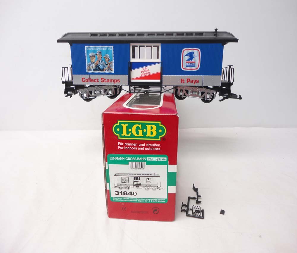 ABT: LGB G Scale: #31840 Postal Service Box Car/OB: Paul V. Ambrose and Drew J. Bauer present: This is the #31840 Postal Service Box Car that LGB made for G Scale a few years ago. Our Opinion is that it is generally in Like New Condition. Original Box.