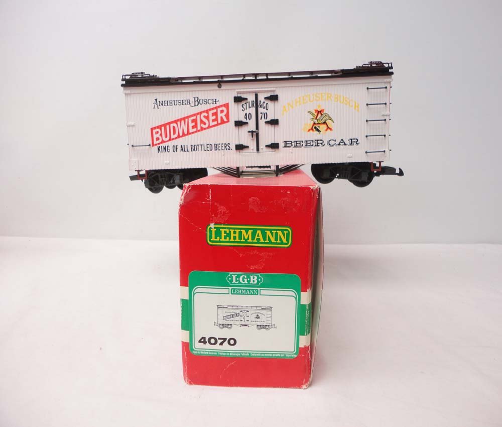 ABT: LGB # 4070 Budweiser Box Car/OB: Paul V. Ambrose and Drew J. Bauer present: This is the #4070 Budweiser Box Car that LGB made for G Scale a few years ago. Our Opinion is that it is generally in Like New Condition. Original Box, cello