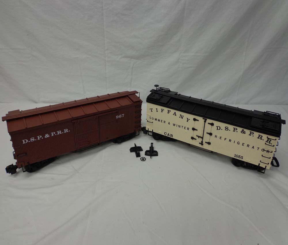 ABT: Delton G Scale: #967 & #1055 D.S.P. & P.R.R.: Paul V. Ambrose and Drew J. Bauer present: These are the #967/1055 D.S.P. & P.R.R. Cars that Delton made for G Scale a few years ago. Our Opinion is that they are generally in Like New Condition. No B