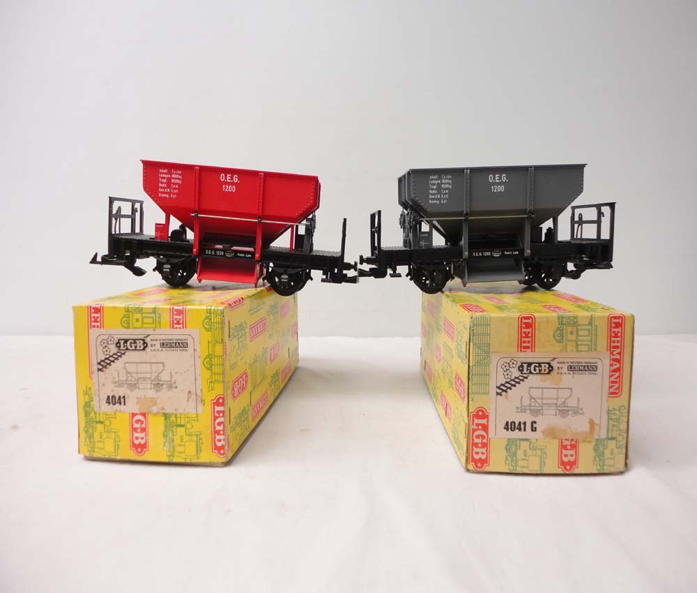 ABT: LGB G Scale: 2 #4041 Ore Cars/OBs: Paul V. Ambrose and Drew J. Bauer present: These are two #4041 Ore Cars that LGB made for G Scale a few years ago. Our Opinion is that they are generally in Like New Condition. Original Box. All Origi
