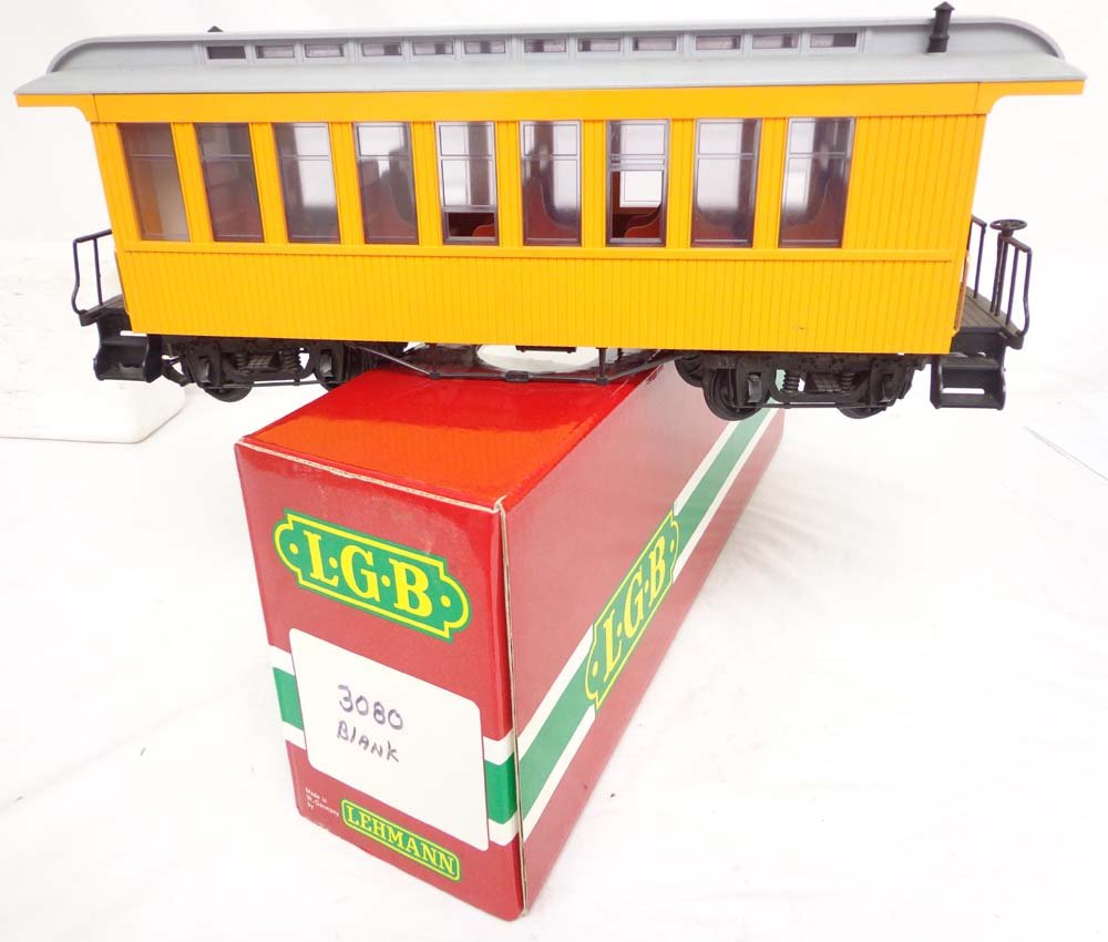 ABT: LGB G Scale; #3080 Unlettered Passenger Car/O: Paul V. Ambrose and Drew J. Bauer present: This is the #3080 Unlettered Passenger Car that LGB made in G Scale a few years ago. Our Opinion is that it is generally in Like New Condition. Original Box.