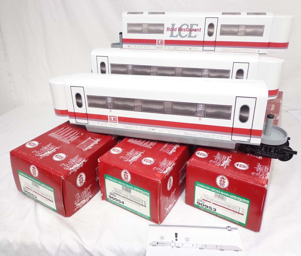 ABT: LGB G Scale: #90953/90953/90954 Articulated P: Paul V. Ambrose and Drew J. Bauer present: These are two #90953 Articulated Passenger Cars and the #90954 Articulated Dining Car that LGB made in G Scale a few years ago. Our Opinion is that they are 
