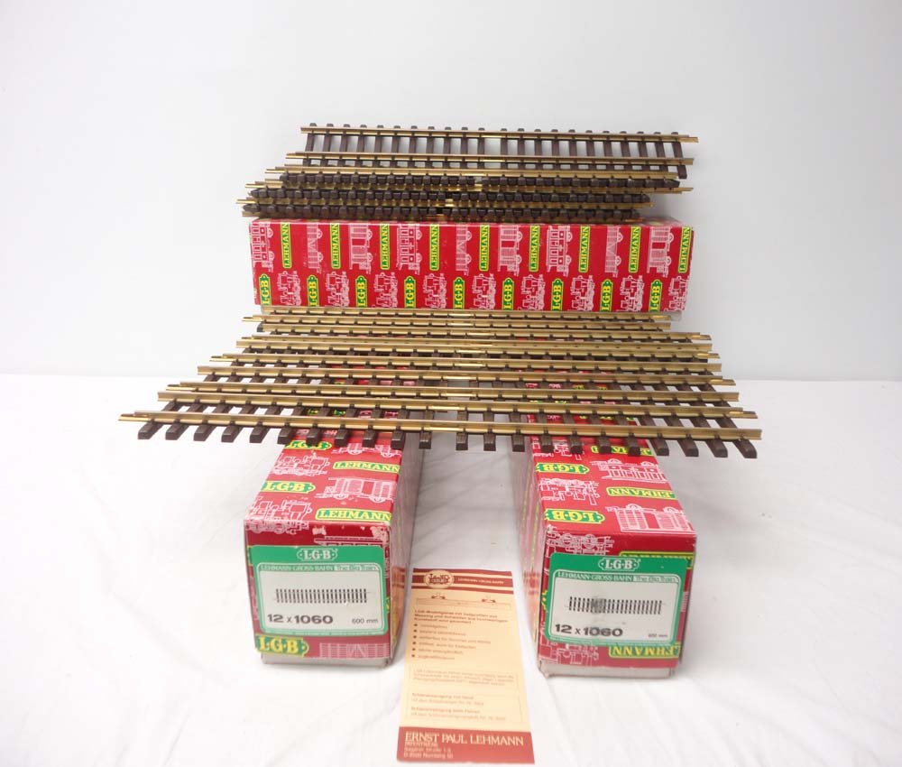 ABT: LGB G Scale: 3 Boxes of #1060 Track/OBs: Paul V. Ambrose and Drew J. Bauer present: These are three Boxes of #1060 Track (twelve per box) that LGB made in G Scale a few years ago. Our Opinion is that they are generally in Like New Condition.