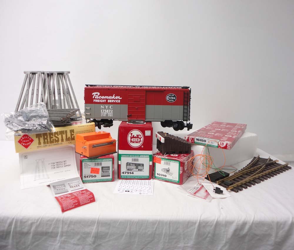 ABT: LGB Scale: #47914 NYC Box Car & Accessories/O: Paul V. Ambrose and Drew J. Bauer present: This Lot includes the LGB #47914 Mew York Central Box Car, the #10310 Bumper, the #51750 Momentary Switch Control Box, and the Aristo Craft Trains #7106 Tres