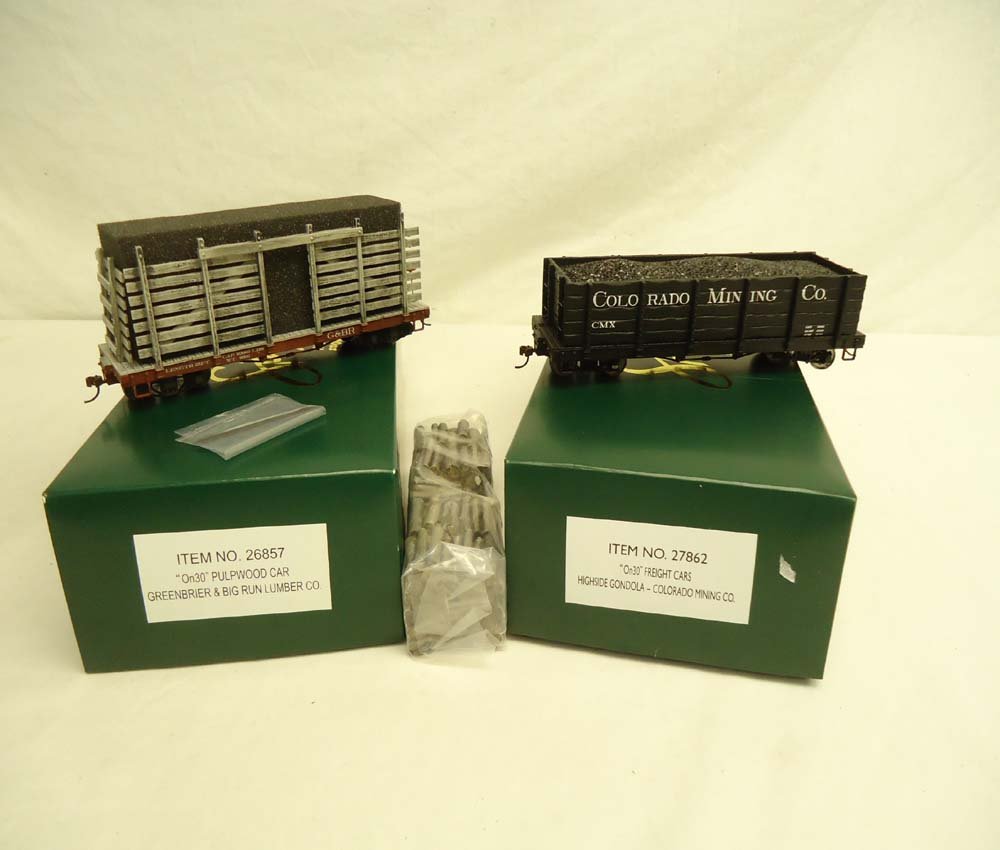ABT: Bachmann On30 Scale: #26857/27862 Cars/OBs: Paul V. Ambrose and Drew J. Bauer present: These are the #26857 GreenBrier & Big Run Lumber Co.Pulpwood Car and the #27862 Colorado Mining Co. Highside Gondola that Bachmann made in On30 Scale some ti