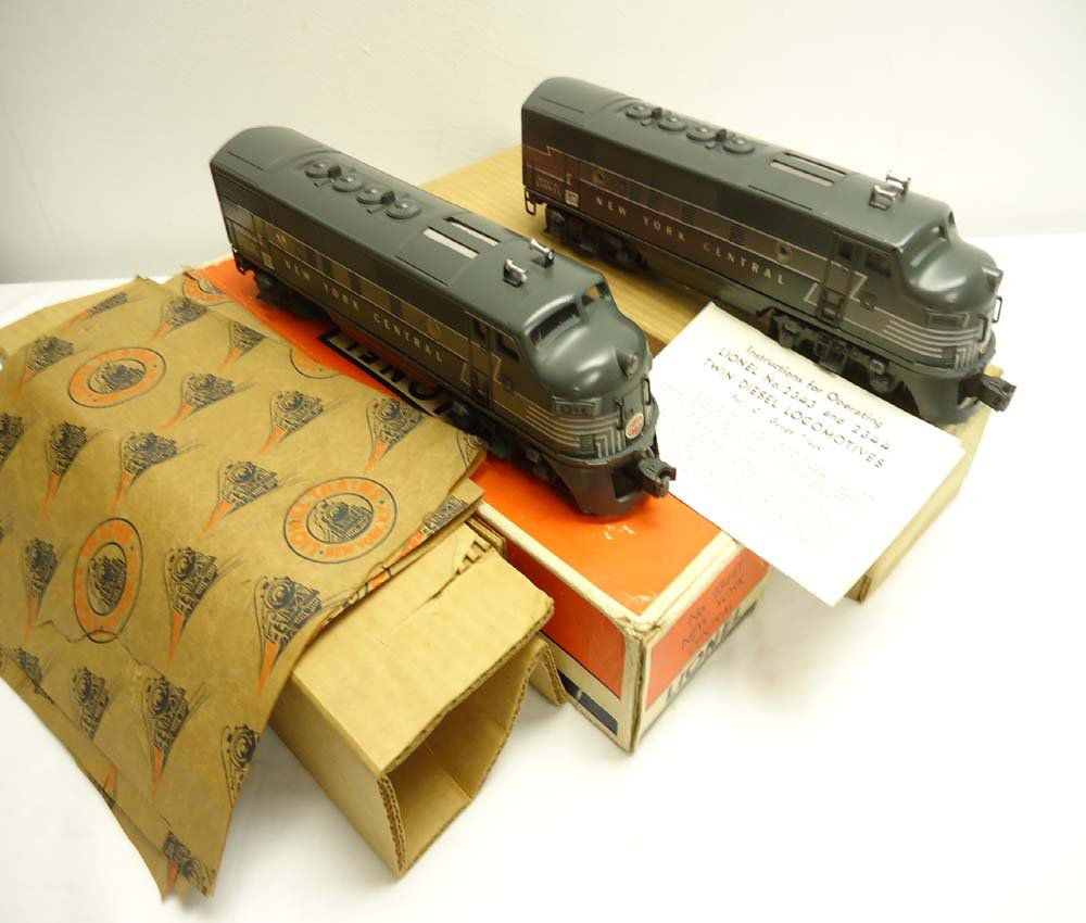 ABT: Great Lionel #2344 NYC F-3 AA Diesels/OBs+: Paul V. Ambrose and Drew J. Bauer present: These are the #2344 New York Central F-3 AA Diesels with Screen-Roofs, Dual Motors, Magnetraction and Horn that Lionel made circa 1950. Large black GM Decals