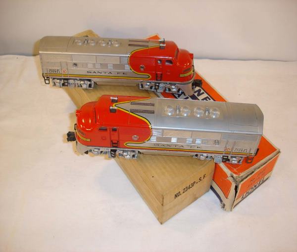 ABT: Great Lionel #2343 Santa Fe F-3 AA/OBs+: Paul V. Ambrose and Drew J. Bauer present: These are the #2343 Santa Fe F-3 AA Diesels with Dual Motors, Magnetraction and Horn that Lionel made in the early 1950s. Replacement Portholes. Our Opinion