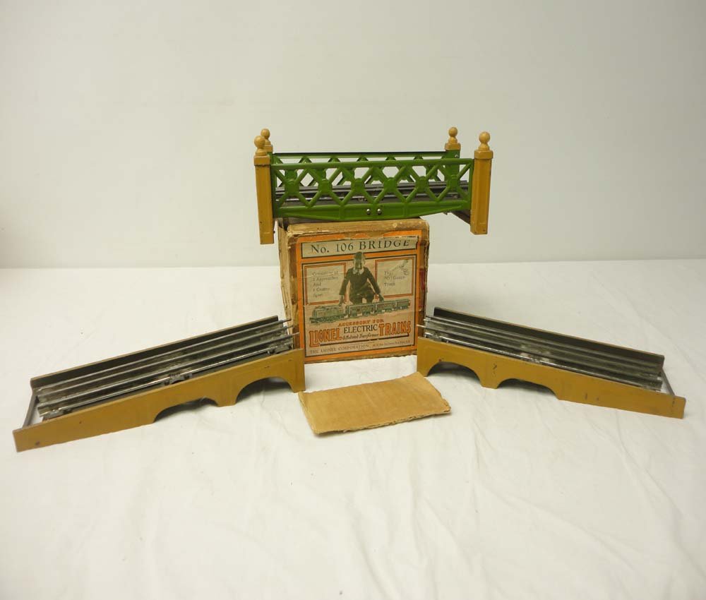 ABT: Lionel #106 3-piece Bridge Set/OB: Paul V. Ambrose and Drew J. Bauer present: This is the #106 three-piece Bridge Set that Lionel made Pre War. Includes OB with nice Label as pictured. Please add $16.00 for US-48 Shipping and Insurance