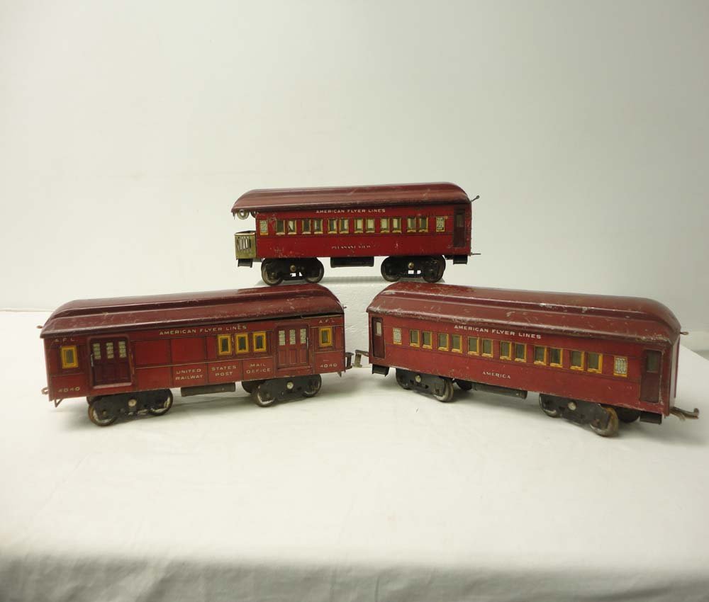 ABT: AF Wide Gauge #4040 Mail Car & 2 Passenger Ca: Paul V. Ambrose and Drew J. Bauer present: These are the #4040 Mail Car, 'America' Pullman, and 'Pleasant View' Observation Car that American Flyer made in Wide Gauge Pre War. What is shown is what yo