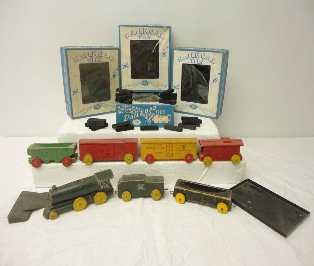 ABT: 4 Ideal Models Boxes Railroad Ties & 7-piece: Paul V. Ambrose and Drew J. Bauer present: These are four Boxes No.TP-1 S-Gauge Railroad Ties that Ideal Models made long ago, plus 7-item wooden Floor Train from the past. What is pictured is what yo