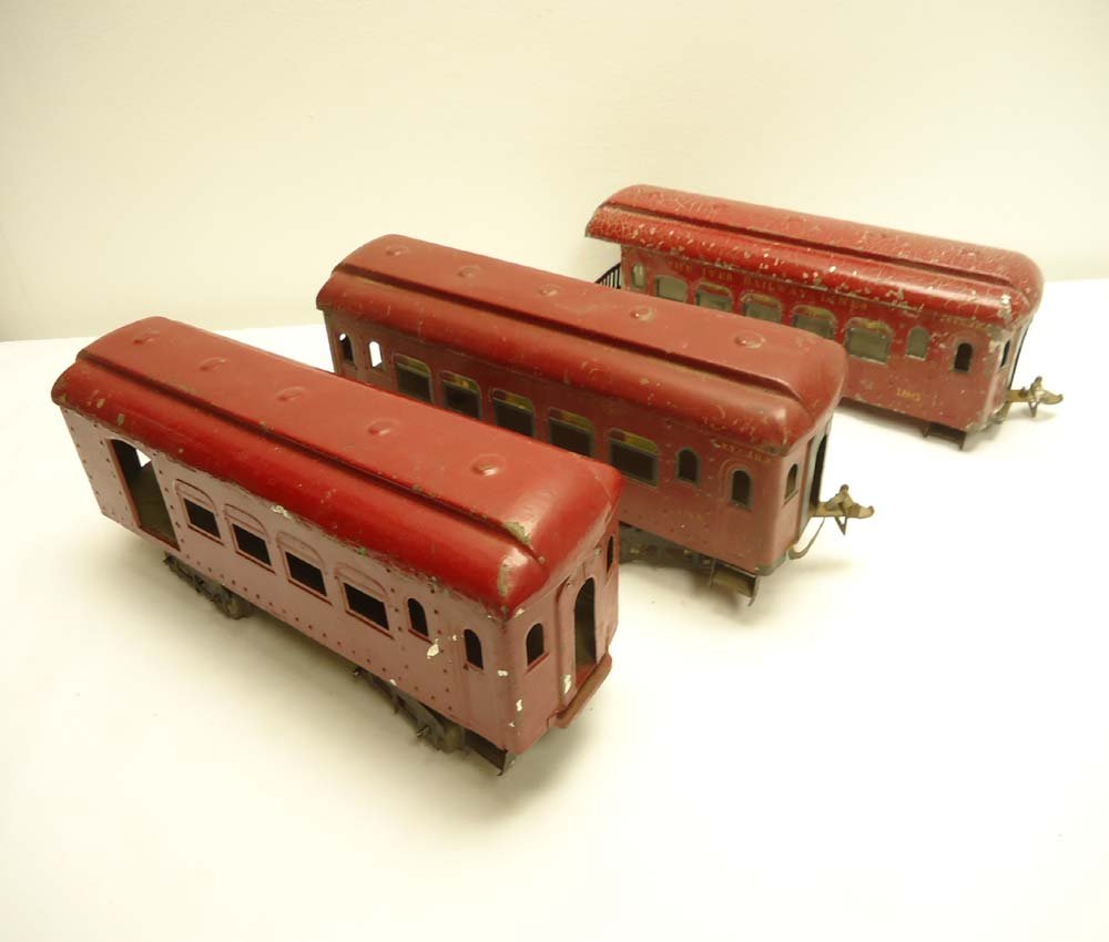 ABT: 3 Ives Standard Gauge Passenger Cars: Paul V. Ambrose and Drew J. Bauer present: These are the Mail Car and #185 and #186 Passenger Cars that Ives made in Standard Gauge Pre War. What is shown is what you will receive. No Boxes. Please ad