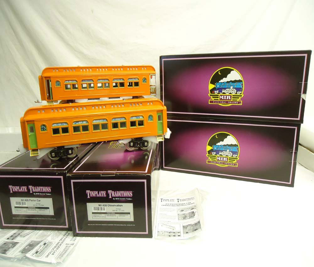 ABT: Mint MTH Standard Gauge: #10-1106 Tinplate 4-: Paul V. Ambrose and Drew J. Bauer present: This is the #10-1106 Tinplate 4-Car Orange #418 Series Passenger Set that MTH made a few years ago in Standard gauge as a remake of the Lionel Cars from the