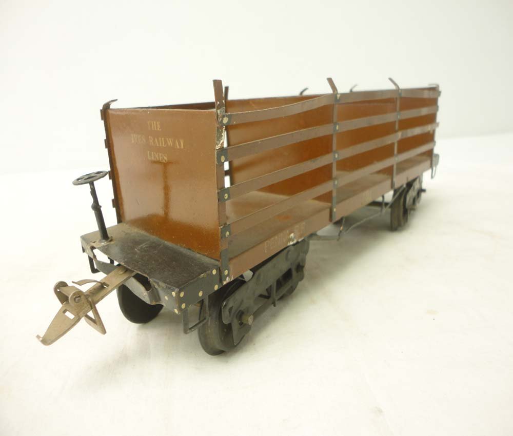 ABT: Ives Standard Gauge #191 Flar Car w/Side Rail: Paul V. Ambrose and Drew J. Bauer present: This is the scarce #191 Flat Car w/Side-Rails and two Dividers that Ives made in Standard Gauge Pre War. What is shown is what you will receive. No Box. Plea