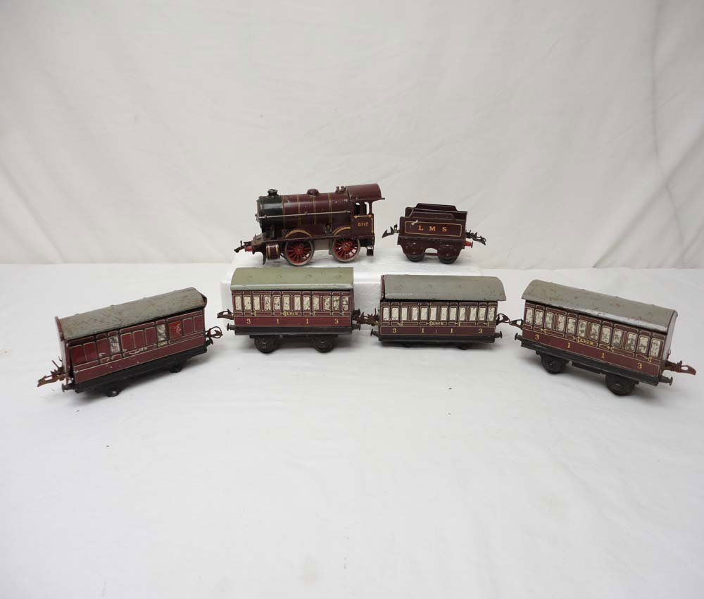 ABT: Hornby #8712 LMS 6-item Steam Passenger Set: Paul V. Ambrose and Drew J. Bauer present: These are the #8712 LMS Maroon Steam Engine and Tender plus four matching Passenger Cars that Hornby made in O Gauge some time ago. Examine the pictures; wha