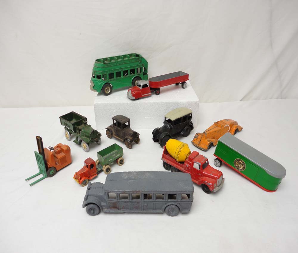 ABT: 12 Assorted Smaller Diecast Vehicles: Paul V. Ambrose and Drew J. Bauer present: This is a 12-item assortment of smaller diecast Vehicles by various Makers from some time ago. For size reference, included are an 8-inch Green Bus and red/s
