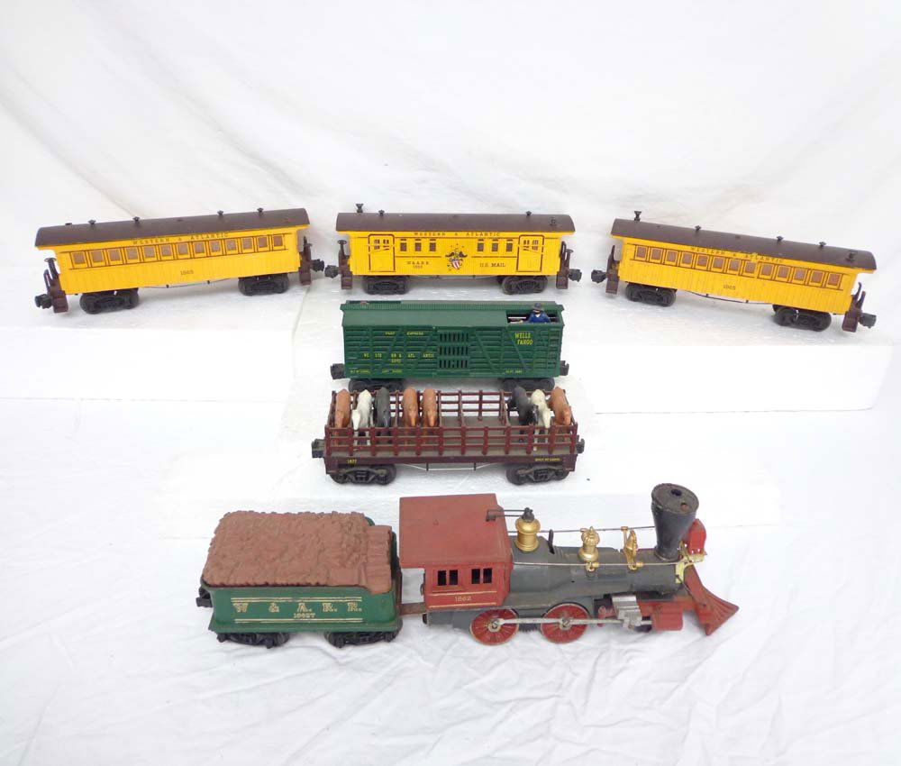 ABT: 7 Lionel 027 'General' Series Items: Paul V. Ambrose and Drew J. Bauer present: These are the #1862/1862T Genseral Engine and Tender, #1866 W&A U.S Mail Car, 2 #1865 W&A Passenger Cars, #3370 Sherrif and Outlaw Car, and #1877 Flat Car w/