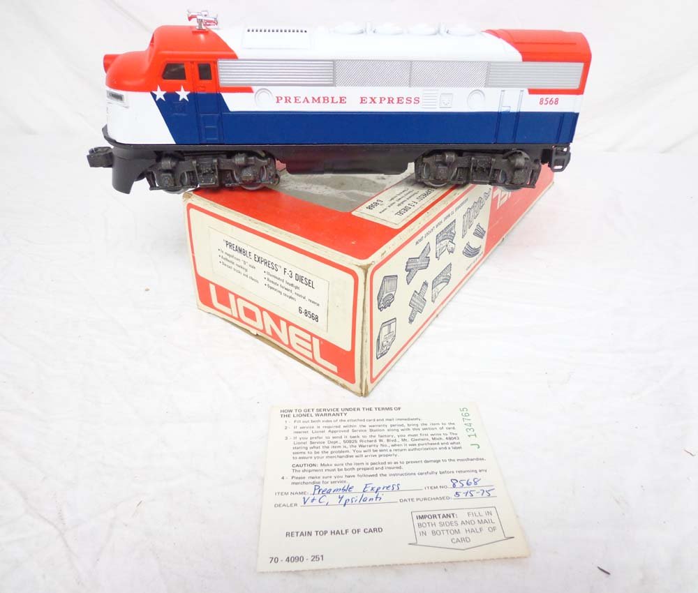 ABT: Mint Lionel #8568 Preamble Express F-3 A Dies: Paul V. Ambrose and Drew J. Bauer present: This is the #8568 Preamble Express F-3 Powered A Diesel that Lionel made in the middle 1970s. Our Opinion is that it is generally in Mint Condition. Original