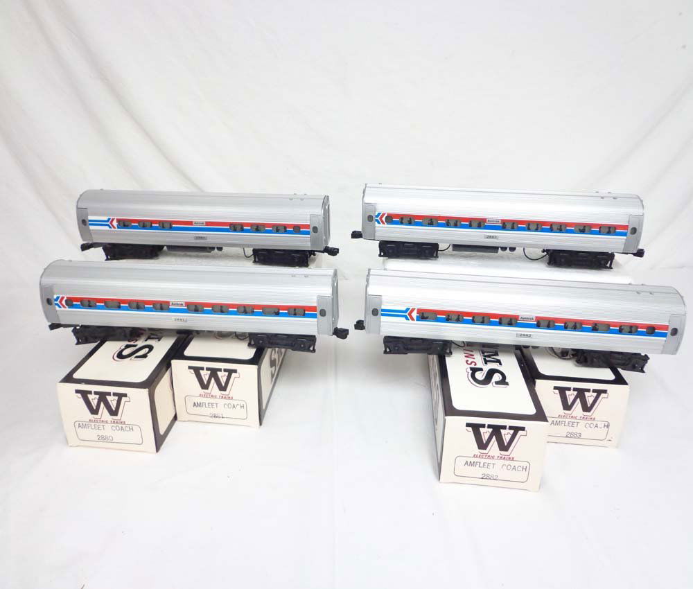 ABT: Mint Williams 4 Car Amfleet Scale Passenger S: Paul V. Ambrose and Drew J. Bauer present: This is the Amtrak 4 Car Amfleet Scale Passenger Set that Williams made in O Gauge a few years ago (#2880, #2881, #2882 & #2883). Our Opinion is that the Set