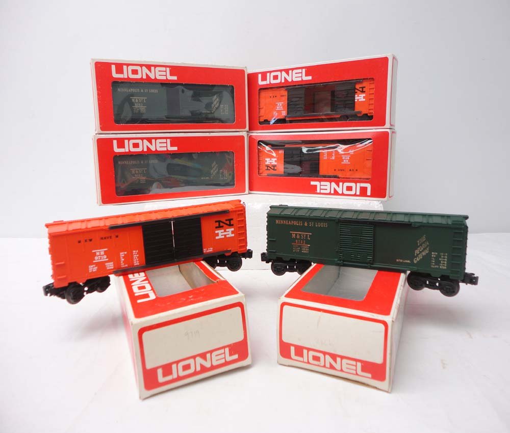 ABT: 6 Mint Lionel #9742/9719 Coupon Box Cars/OBs: Paul V. Ambrose and Drew J. Bauer present: These are three #9742 Minnneapolis & St. Louis Box Car and three #9719 New Haven Box Cars that Lionel made in the 1970s as special coupon cars that could onl