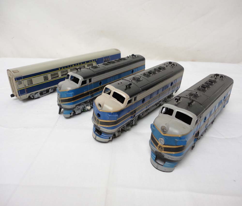 ABT: HO Unknown: B&O ABA Diesels & Pullman: Paul V. Ambrose and Drew J. Bauer present: These are the HO B&O ABA F3-type Diesels (incomplete as shown) by Atherarn and nice Metal Passenger Car assembled from Kit by unknown Maker from some time in