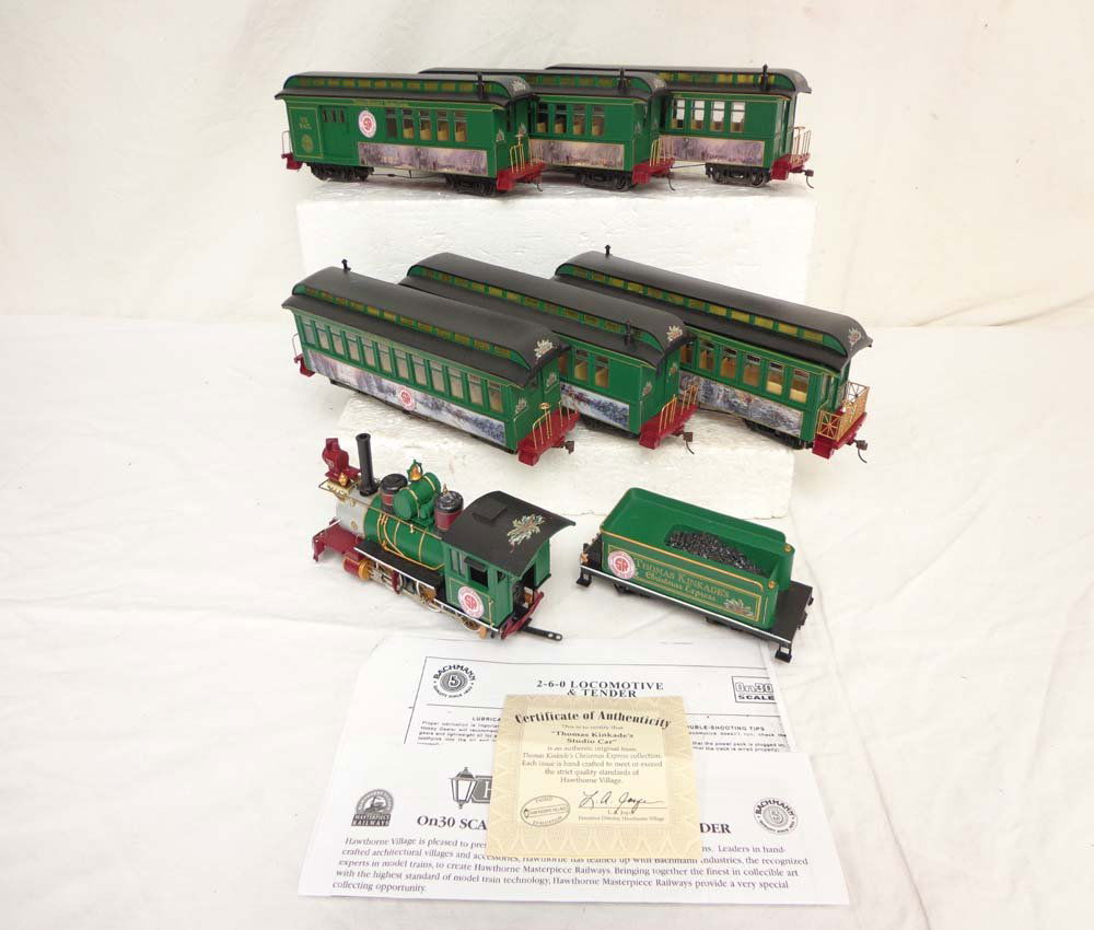 ABT: On30 Bachmann: 8-Item Kinkade Christmas Passe: Paul V. Ambrose and Drew J. Bauer present: These are the On30 Hawthorne Village, Thomas Kinkade Christmas Train that includes Engine and Tender plus six Passenger Cars that Bachmann made in the recent