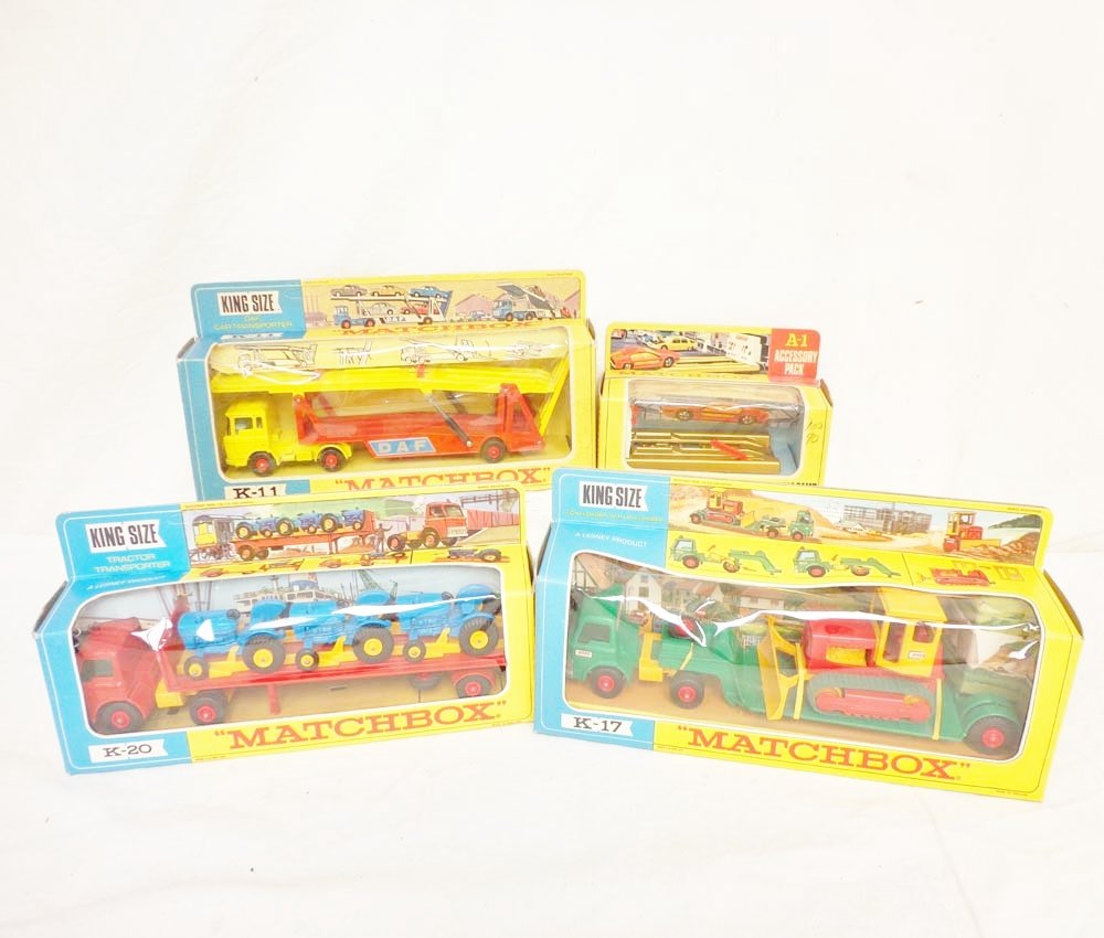 ABT: 4 Nice Matchbox A & K-series Models/OBs: Paul V. Ambrose and Drew J. Bauer present: These are the #A-1 Service Ramp, and King-Size #K-11 Daf Car Transporter, #K-17 Low Loader with Bulldozer, and #K-20 Tractor Transporter that Matchbox made s
