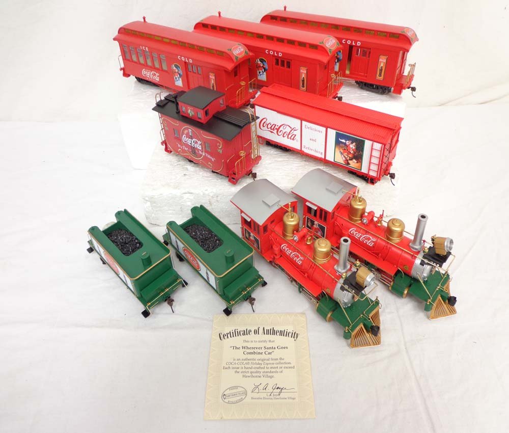 ABT: On30 Bachmann: Hawthorne Village Coca Cola Ch: Paul V. Ambrose and Drew J. Bauer present: These are the components of two On30 Hawthorne Village Coca Cola Christmas Train Sets that Bachmann made in the recent past. Included are two Engines, two Te