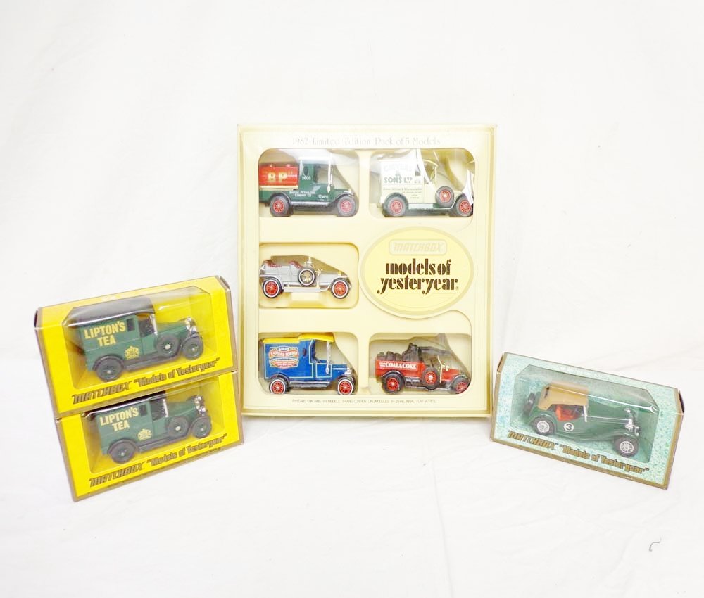 ABT: Great Matchbox 9-item Y-series Assortment/OBs: Paul V. Ambrose and Drew J. Bauer present: These are two #Y-5 1927 Lipton Tea Vans , #Y-8 1945 MGTC, plus 1982 Limited Edition Pack of 5 Models that include #Y-3 1912 Model "T" Ford Petrol Tanker, #Y-