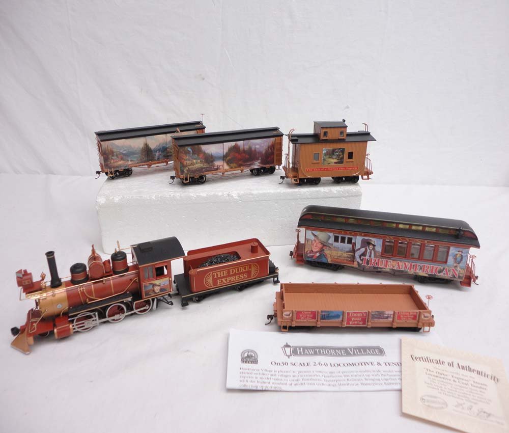 ABT: On30 Bachmann: John Wayne Loco/Tender/4 Cars : Paul V. Ambrose and Drew J. Bauer present: These are the John Wayne "The Duke Express" Steam Locomotive/Tender/Passenger Car and three Freight Cars and a Caboose that Bachmann made in On30 some time a