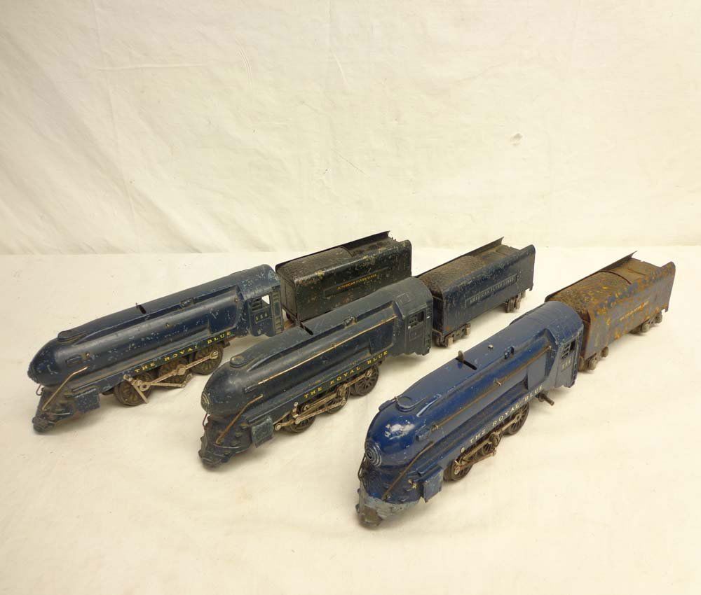ABT: 3 AF #556/555 Royal Blue Steam Engines & Tender: Paul V. Ambrose and Drew J. Bauer present: These are three #556/555 Royal Blue Engine and Tenders O Gauge that American Flyer made in Pre War. No Boxes. Examine very closely; what is pictured is what
