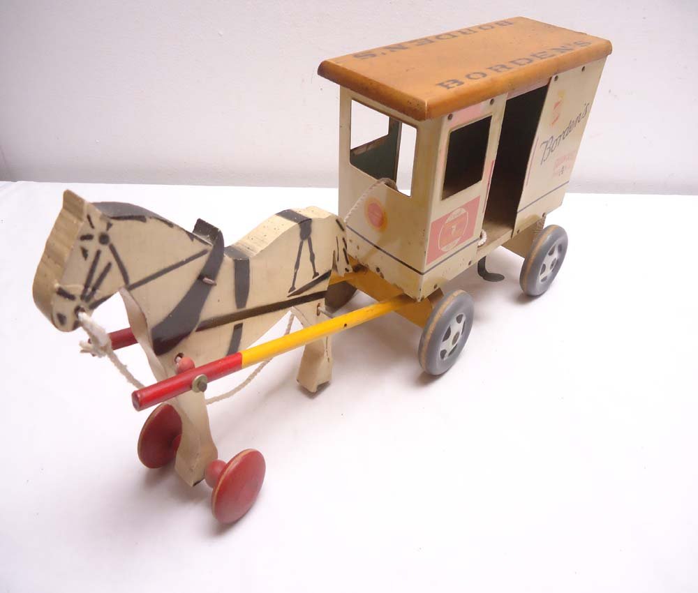 ABT: Interesting Rich Toy's Wooden Pull Cart & Hor: Paul V. Ambrose and Drew J. Bauer present: This is an interesting Rich Toy's Wooden Pull Cart & Horse by an unknown Maker from many years ago. It measures approx 17-inches long X 8-inches high. Appear