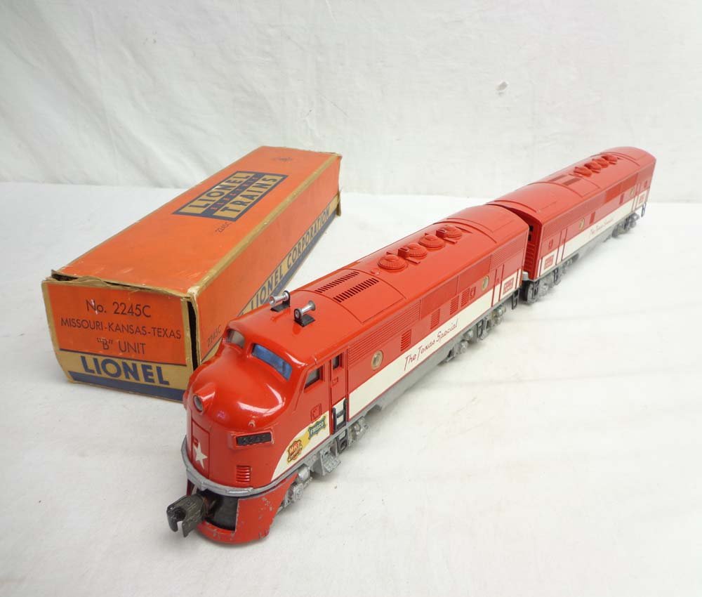 ABT: Lionel #2245 Texas Special F3 AB Diesels/OB: Paul V. Ambrose and Drew J. Bauer present: These are the #2245P/C 'The Texas Special' F3 AB Diesels that Lionel made in the middle 1950s. Our Opinion is that they are generally in Excellent Condition.