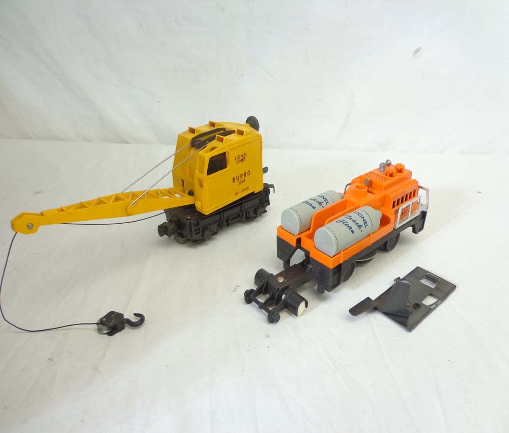 ABT: Lionel #3360 Burro Crane & #3927 Track Cleani: Paul V. Ambrose and Drew J. Bauer present: These are the #3360 Burro Crane with Track-trip and #3927 Track Cleaning Car with Original Canisters that Lionel made in the 1950s. Our Opinion is that they 