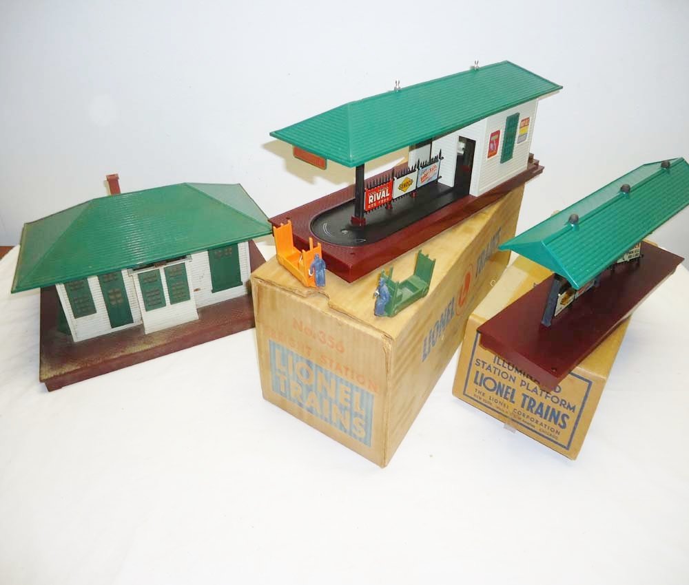 ABT: Lionel #132, #157 & #356 Stations/OBs: Paul V. Ambrose and Drew J. Bauer present: These are the #157 Station Platform (note broken fence section), #132 Passenger Station, and #356 Operating Freight Station with Original Baggage Carts that 