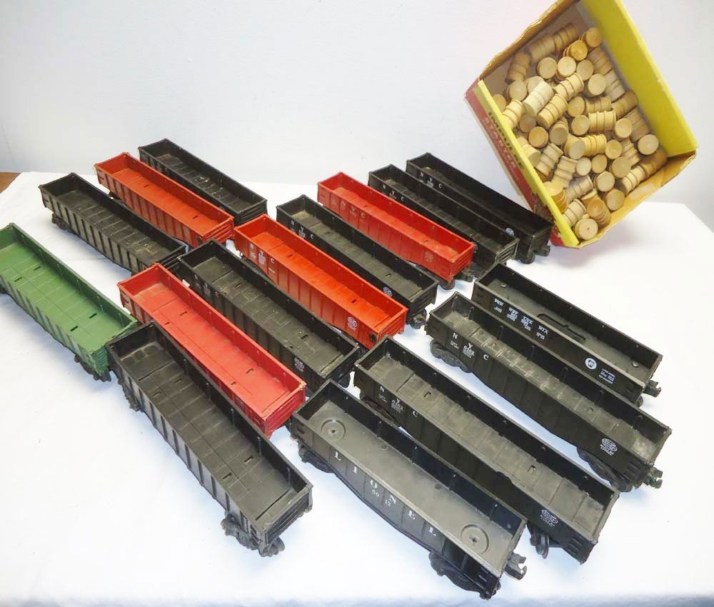 ABT: 16 Lionel Assorted Gondolas w/Barrels: Paul V. Ambrose and Drew J. Bauer present: These are sixteen assorted Number long and short Gondolas that Lionel made Post War. Included with Lot is nice group Original wooden Barrels as shown. No Box