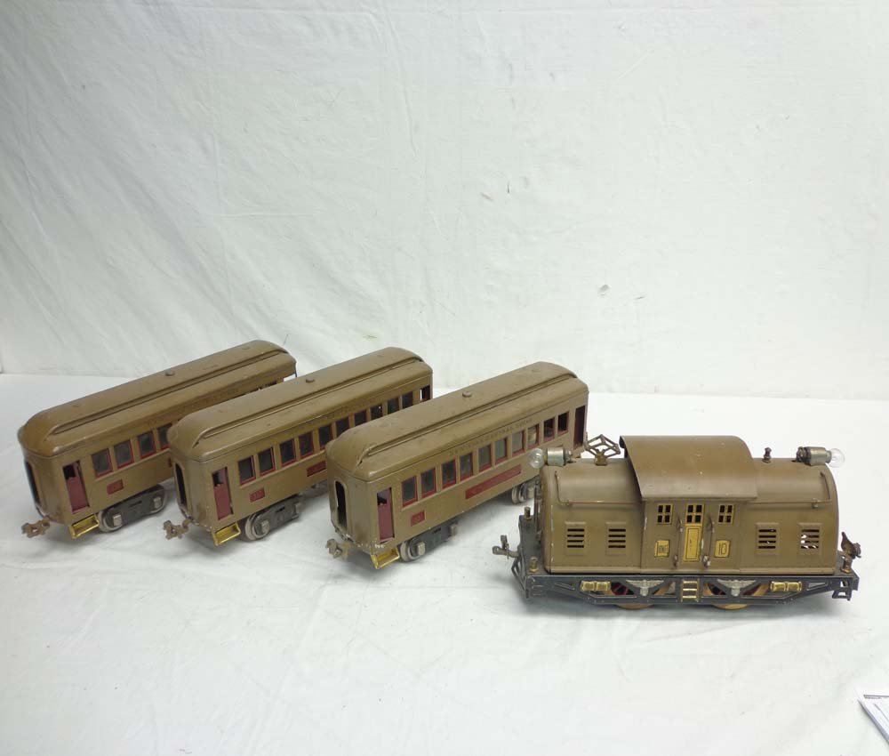 ABT: Lionel #310 Mojave Electric & #337/337/338 Passeng: Paul V. Ambrose and Drew J. Bauer present: These are the #10 Mojave Electric plus matching #337, #337 and #338 Passenger Cars that Lionel made Pre War. No Boxes. Examine closely; what is shown is what